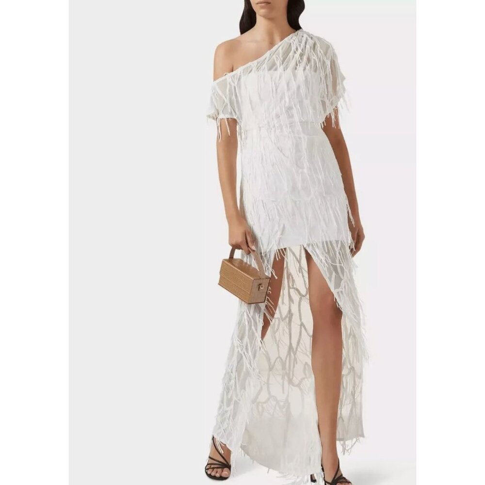 ELLIATT Boston One-Shoulder Maxi Gown Fringe Sequin Tulle Party Wedding White M
